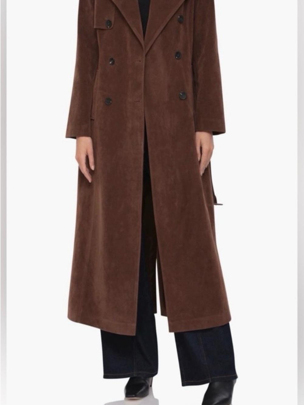 Avec Les Filles Brown Suede leather Double-Breasted Long Coat limned trench nwt